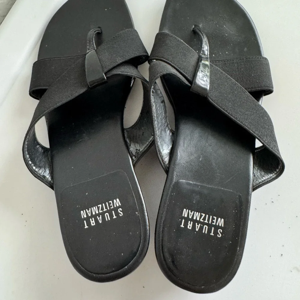 Stuart Weitzman Patent‎ Leather Elastic Wedge Sandals Size 7 W Box Ret $285